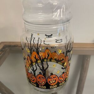 Vintage Libbey Halloween Bats Jack'O Lanterns Boo Stars Trees Lidded Candy Jar